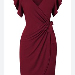 oten Women's Deep V Neck Flutter Sleeve Faux Wrap Dress Size XL Burgundy NWT