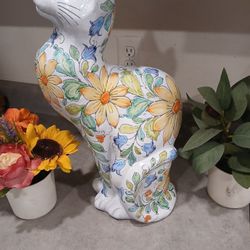MAJESTIC ITALIAN MAJOLICA DECORATED TERRACOTTA ANCIENT EGYPTIAN INSPIRED CAT SCULPTURE *** VINTAGE**** RARE FIND