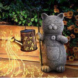 Stocking Stuffers Gifts for Women, Solar Garden Outdoor Statues Cat with Kettle Light, Women Gifts for Christmas, Birthday Cat Gifts for Women Mom Gra