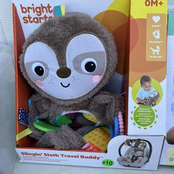 Bright Starts Slingin’ Sloth Travel Buddy Plush Attachable Stuffed Animal Infant Toy