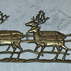 Vintage 22 inches solid brass Santa and the Reindeer sleigh Christmas wall Hanging art