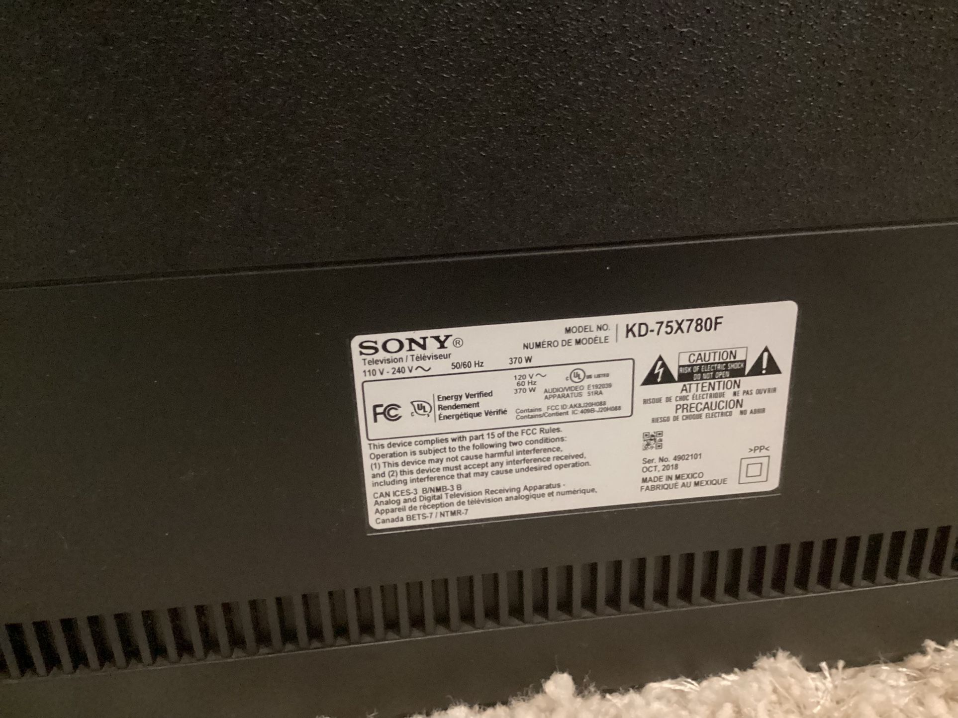SONY Bravia 75” Model : KD-75X780F Asking $450. Cash Obo Today 