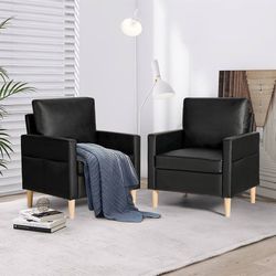 Upholstered Modern Single Sofa Chair Set of 2 Mid-Century Faux Leather Living Room Accent Arm Chairs Sets with Side Poctets for Small Space, Home, Apa