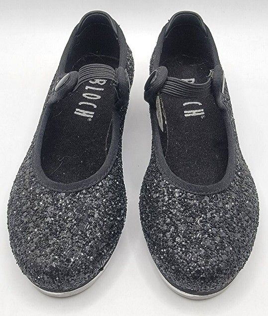 BLOCH Black Sparkle Tap Shoes Non Skid Pad Ball Elastic Child's Size 9.5 M EUC