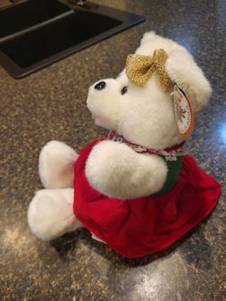 TOP TOYS Merry Christmas Bear White velvet green/red dress 9" tall when seated