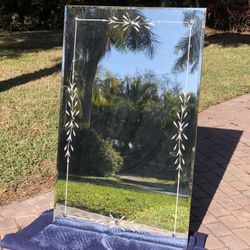 LARGE Antique Venetian-Style Etched Glass Wall Mirror W/ Beveled Edge and Floral Pattern