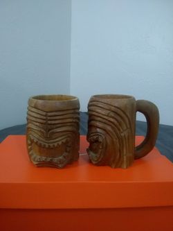VINTAGE WOODEN TIKI CUPS MUGS
