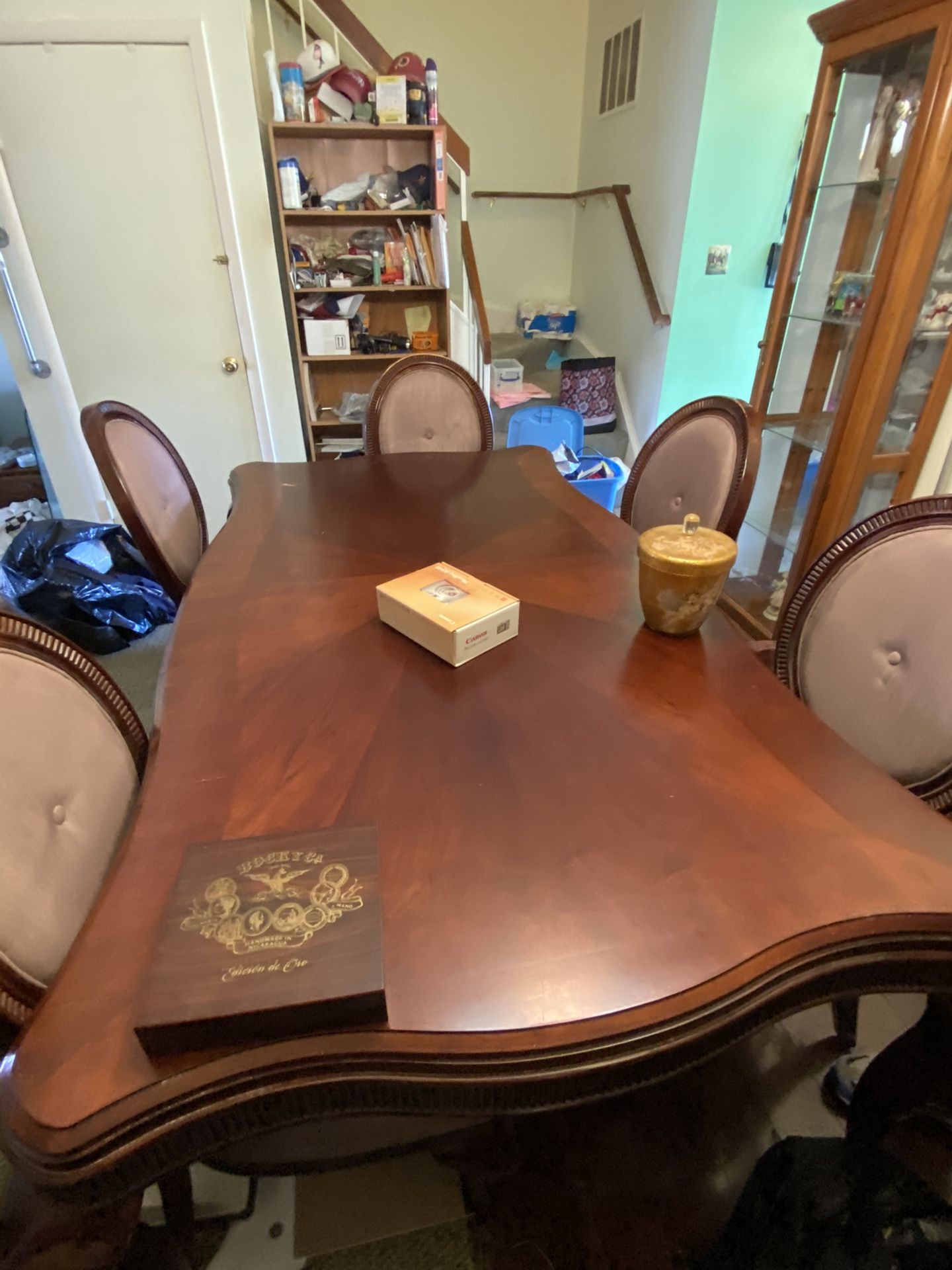 Cherry Wood Dining Table, Hutch, And 6 Chairs