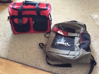 Quick Silver backpack and red duffle bag