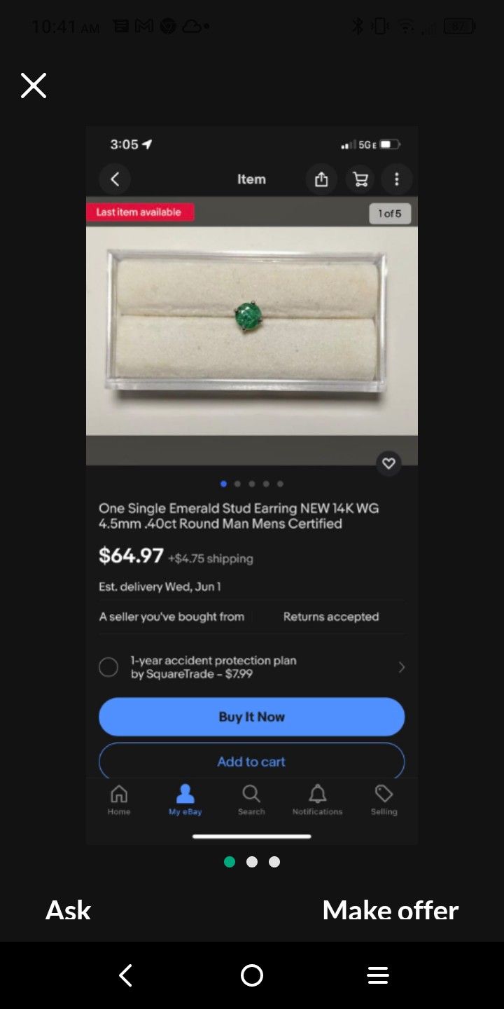 Emerald And 14k White Gold Earring