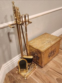 Vintage Solid Brass Fireplace Tools and Coal Box