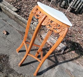 Vintage Oak Corner Accent Table with Real Marble Top - 3 ft tall - Neat carvings!

