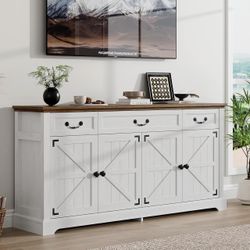 2509a $160 65" Large Sideboard Buffet Cabinet with Storage, Farmhouse Buffet Table Wine Coffee Bar Kitchen Storage Cabinet with 3 Drawers 4 Doors for