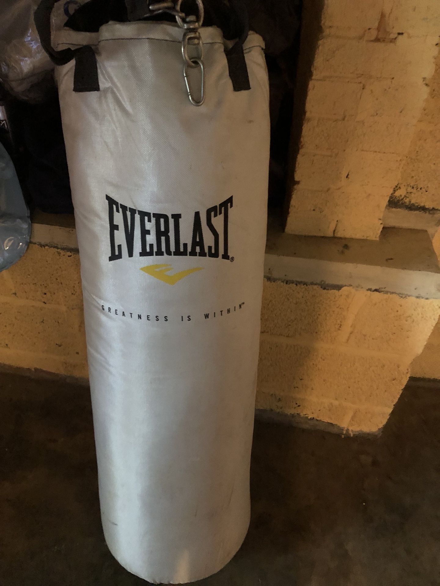 Everlast punching bag, stand, and gloves