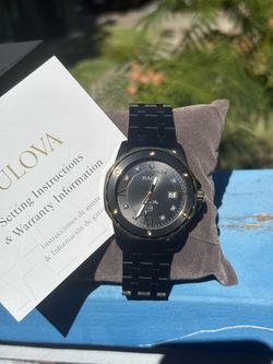 Bulova Black Quartz Watch Date Crystal Markers Men’s