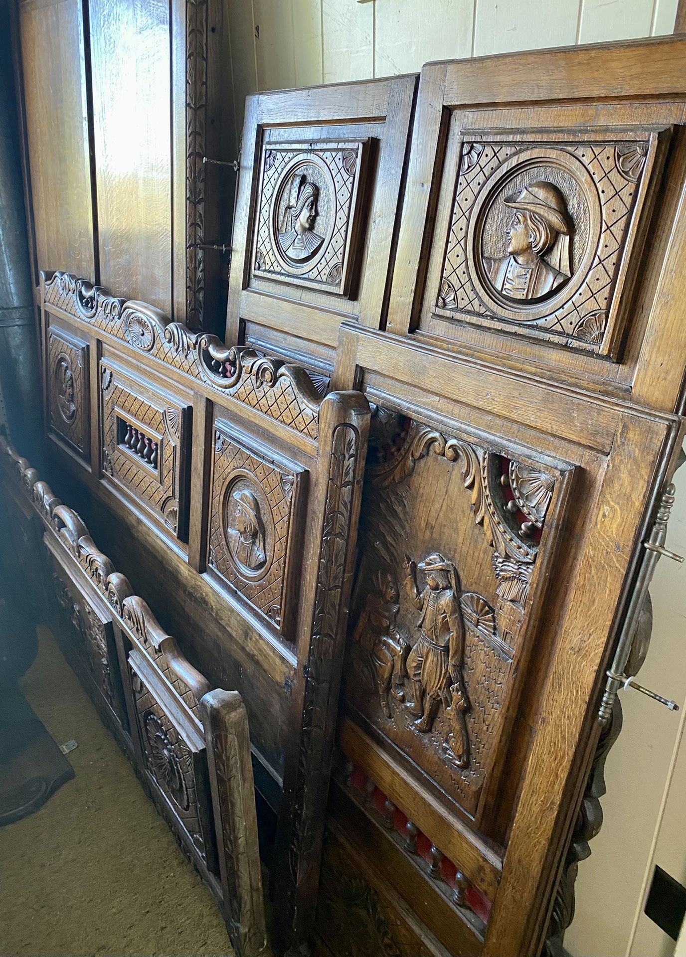 Antique French BRETON Large Bed And Cabinet  Wardrobe Armoire Carved Oak 19th century.