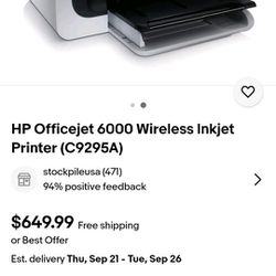 HP OFFICEJET WIRRLESS PRINTER 6000