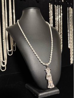 Silver Santa muerte with rope chain .925 Italy silver