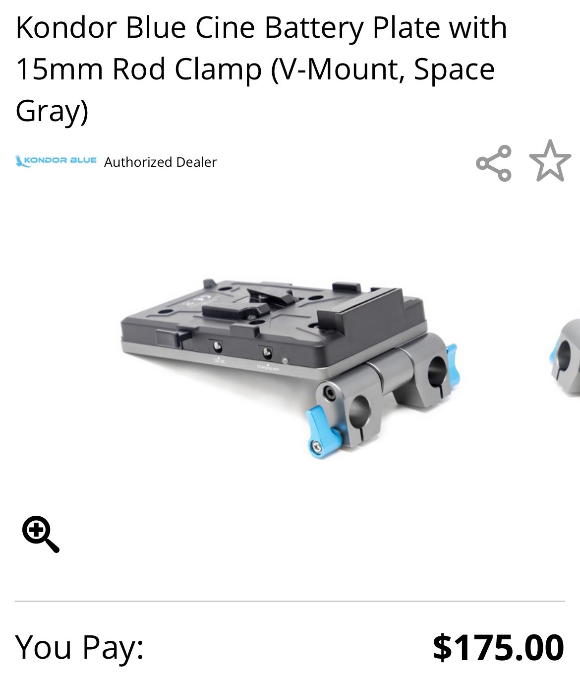 Kondor Blue Cine Battery Plate with 15mm Rod Clamp (V-Mount, Space Gray)