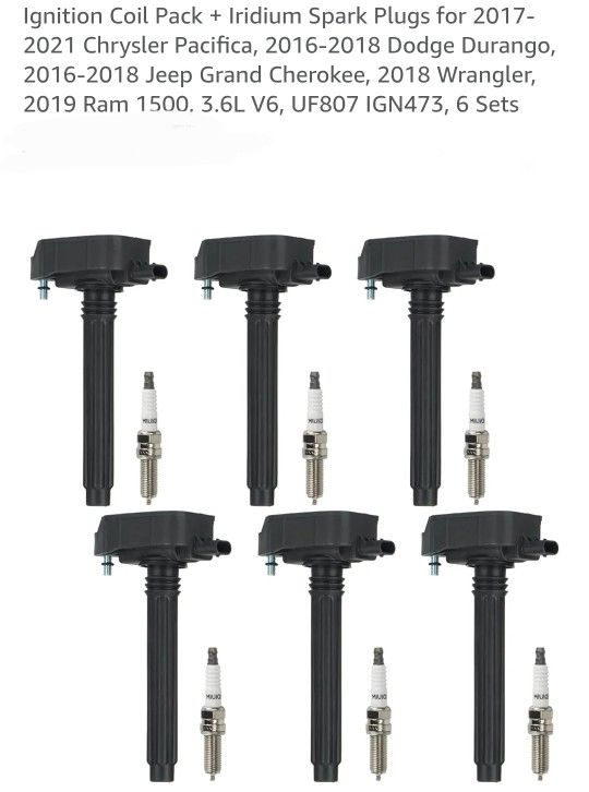 Ignition Coil Pack + Iridium Spark Plugs for 2017-2021 Chrysler Pacifica, 2016-2018 Dodge Durango, 2016-2018 Jeep Grand Cherokee, 2018 Wrangler, 2019 