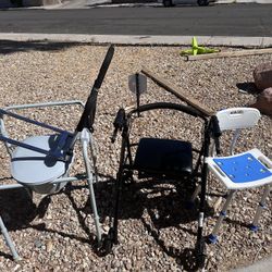 MedicalEquipment- (4 items) Bedside Toilet Commode, Walker W/Seat, Shower Seat, Pull-Up Bed Bar