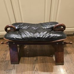 Saddle Footstool metal inlay In wood Leather Pad