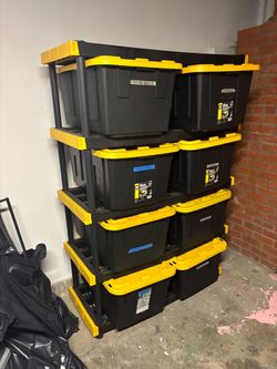 Black and Yellow Heavy-Duty Storage Totes with Lids and Rack – Set of 8