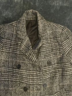 Gray & Black  Plaid Double-Breasted Coat in a Wool Blend. 