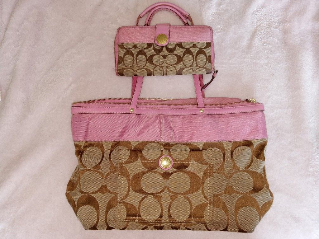 Authentic COACH Signature Shoulder Tote Bag Canvas Leather Brown Pink including wallet