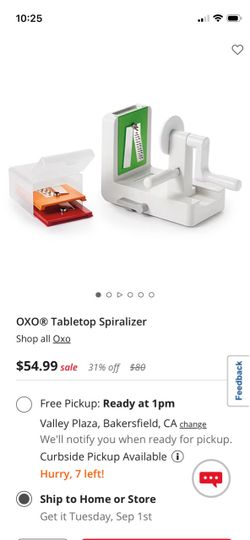 💥25% OFF💥 OXO Good Grips 3-Blade Tabletop Spiralizer, a white plastic kitchen tool with a hand crank and a suction-cup base designed to slice fruits