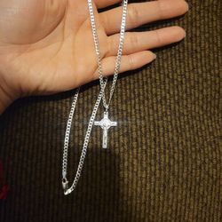 Italy 925 Solid Sterling Silver Cuban Link Chain Necklace & St. Benedict Crucifix for Men Women 22" Plata 925 Cadena & Crucifijo San Benito Unisex 22"