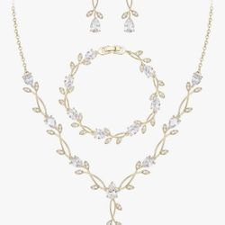 Bridal Cubic Zirconia Jewelry Set Leaf Vine Pendant Necklace Earrings Set for Br
