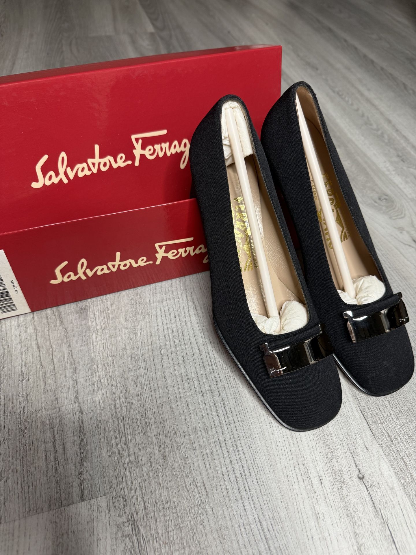 Salvatore Ferragamo BONITA Black pump metal buckle SZ 5 NEW W/box $230 ITALY