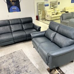 Blue Grayish Genuine Leather Sofa & Loveseat Dual Power Recliner 🚚🥳