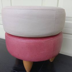 CREAM and CERISE LEATHER OTTOMAN / LOW STOOL