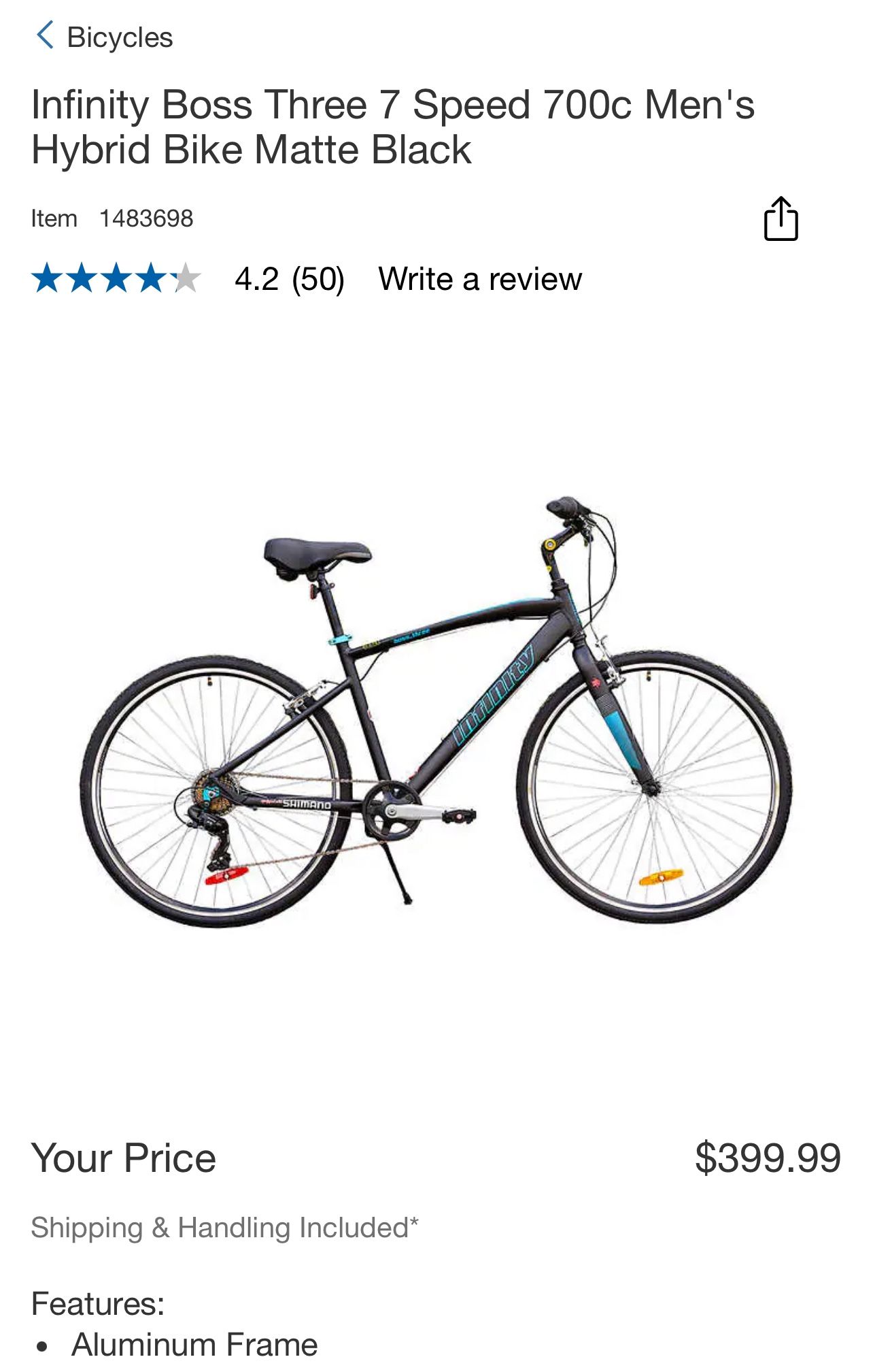 brand new Infinity Boss Three 7 Speed 700c Men's Hybrid Bike Matte Black