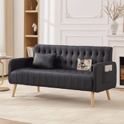 57" Faux Leather Loveseat Sofa, Tufted Couch with USB Charging Ports and Side Pockets, Black