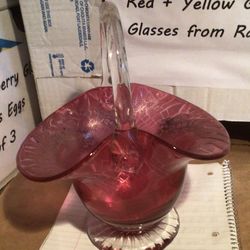 Cranberry Crackle Glass Basket