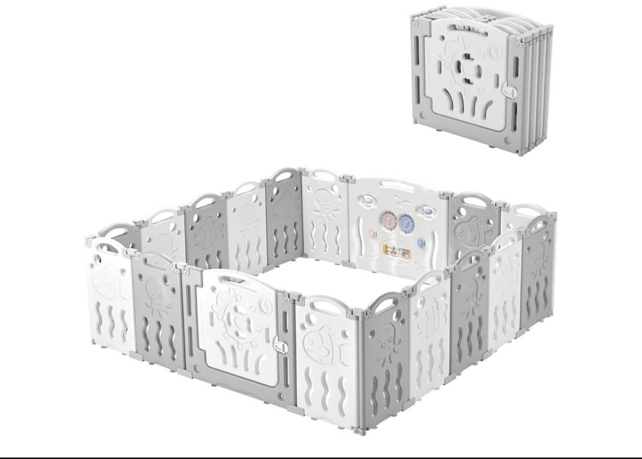 Baby Fence Kid Playpen 18 Panel Albott Play Yard - Foldable Kids Safety Activity Center Playard Safety Lock Gate,Adjustable Shape, Portable Design for
