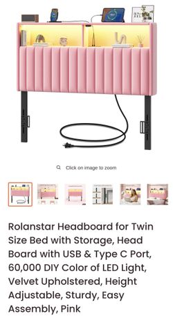 Rolanstar Headboard for Twin Size Bed with Storage, Head Board with USB & Type C Port, 60,000 DIY Color of LED Light, Velvet Upholstered, Height Adjus
