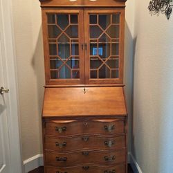 Vintage secretary desk with glass hutch