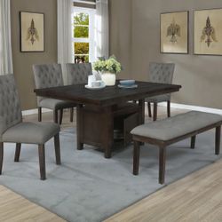 Dining Table Set With 4 Grey Dining Chairs & Bench