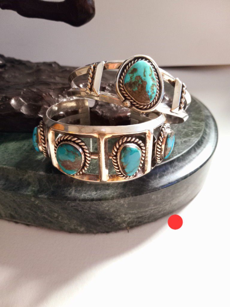 $425! 2 Awesome 925 Sterling Silver Turquoise Navajo Made Bracelets