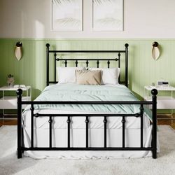 Full Size Metal Platform Bed Frame with Victorian Vintage Headboard, Black