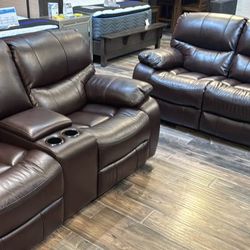 Winter clearance sale. Madrid brown leather reclining sofa and loveseat set only $1199. Easy finance option. Same-day delivery.