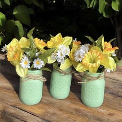 Chalk painted sage mason jars gift wedding - yellow DAFFODILS white DAISIES