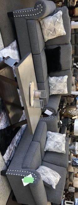 Agleno Charcoal Living Room Set- Sofa and Loveseat