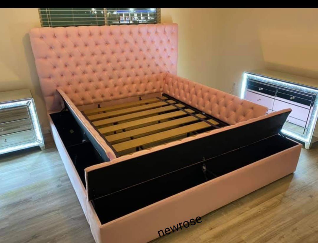 $40 Down Payment🛍 Finance🛍Velvet Pink Queen Storage Platform Bed 