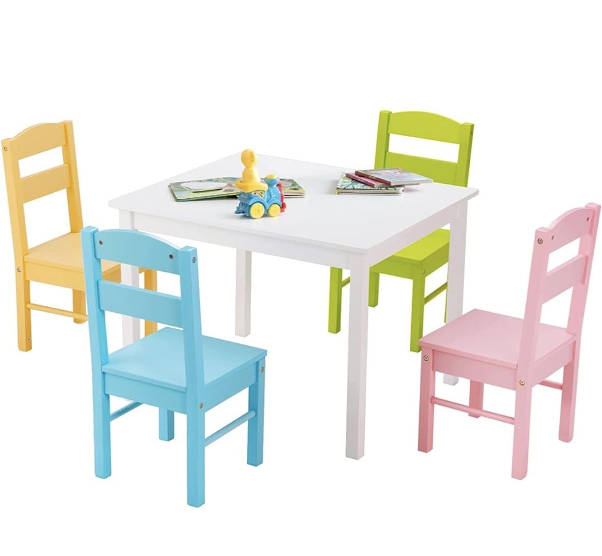 Assembled New Kids Table and Chair Set, Wooden Toddler Table and 4 Chairs