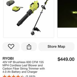 RYOBI 40V HP Brushless 600 CFM 155 MPH Cordless Leaf Blower and Carbon Fiber String Trimmer with 4.0 Ah Battery and Charger